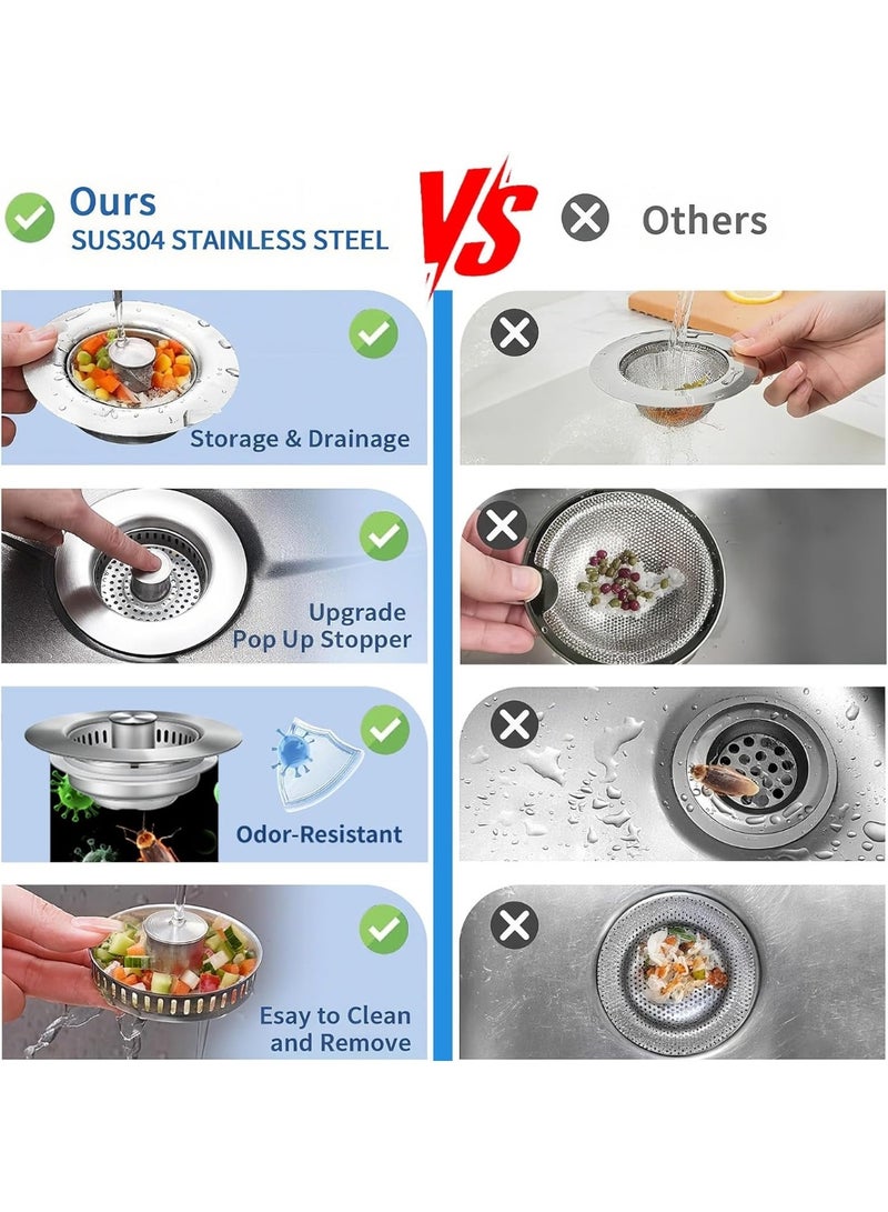 Upgraded Kitchen Sink Drain Strainer 3-in-1 – Pop-Up Push Plug with Anti-Clog Basket, Odor Filter, Hair and Food Catcher, Water Stopper for Standard Drains - Image 2